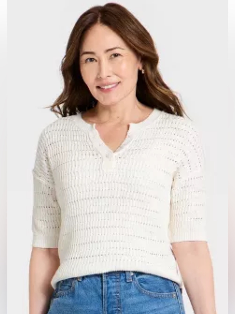 Women's Short Sleeve Button-Up Crewneck Pullover Sweater Universal Thread™ Cream